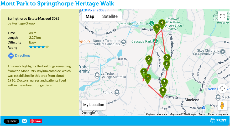 Map screenshot — Mont Park to Springthorpe Heritage Walk