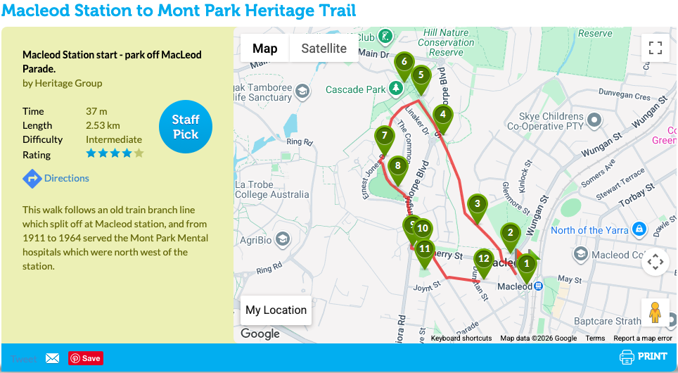 Map screenshot — Macleod Station to Mont Park Heritage Trail